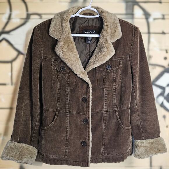 Vintage Northcrest Women's Dark Brown Corduroy Jacket with Tan Fur Collar Sz S - Picture 1 of 7
